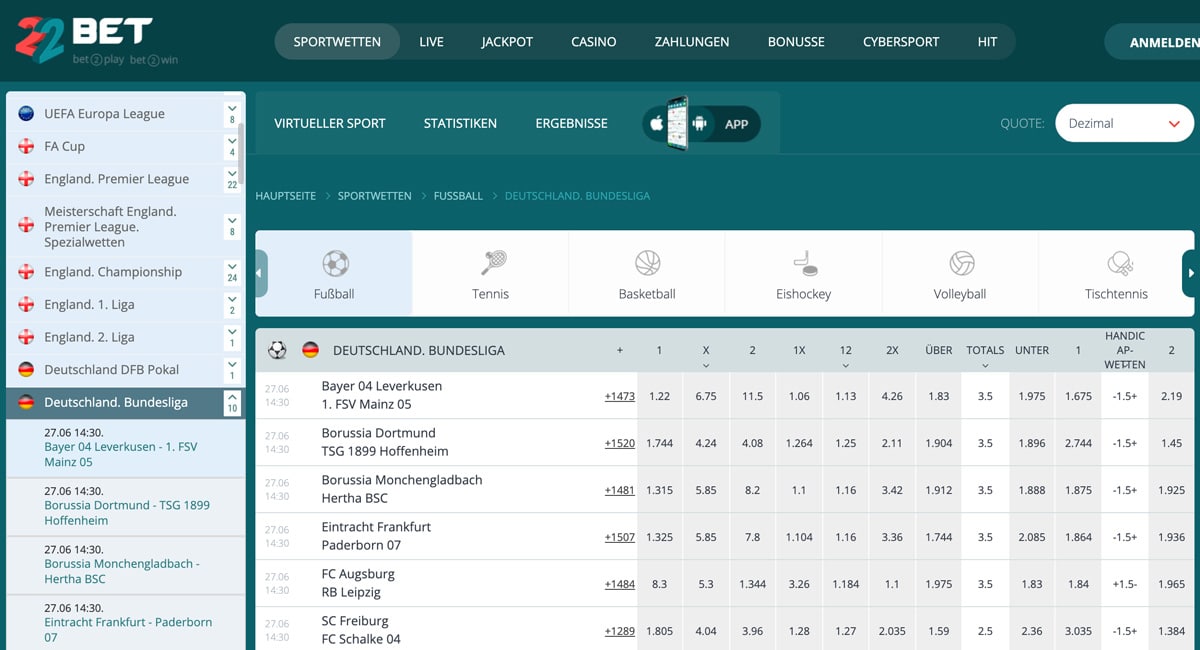 22Bet Bundesliga Wetten